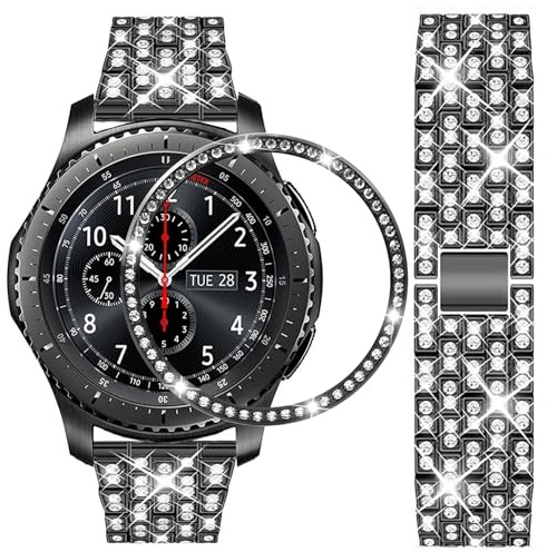 DEALELE Armbänd Kompatibel mit Galaxy Watch 46mm, 22mm Diamant Edelstahl Metall Armband mit Lünette Ring Hülle Ersatz für Samsung Gear S3 Frontier/Classic Damen Herren, Schwarz