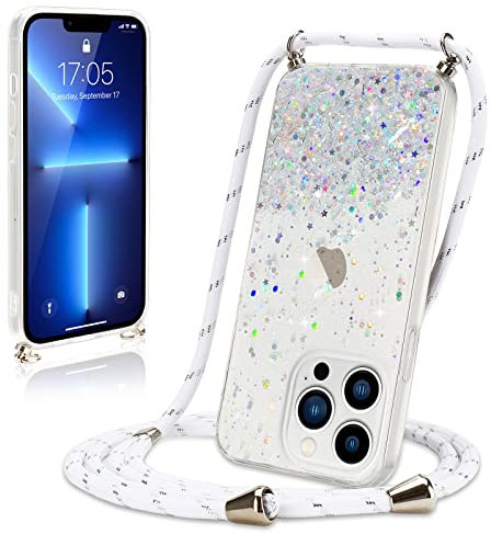 Wirvyuer Handyband Hülle für iPhone 13 Pro Handyhülle mit Kordel Glitzer Schutzhülle mit Band zum Umhängen Halskette Silikon Case mit Schnur für iPhone 13 Pro Transparent
