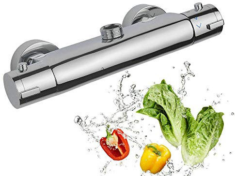 Kaibrite Thermostat Duscharmatur Bad Mischbatterie Brause Wasserhahn G3 / 4 Schläuche geeignet, Verchromtes Kupfer, Sicherheitstaste, 38°C Temperaturkontrolle, Metallic Silber