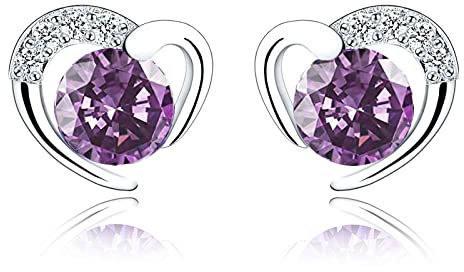 Silver Stud Earrings for Women, Stud Earrings Purple Cubic Zirconia Heart Studs│Dainty Earrings Jewellery Gifts for Girls