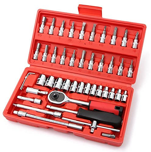 LSLANSOON 46 Pcs 1/4” Drive Socket Ratchet Wrench Set with Storage Case, Includes Metric Bit Socket Set and Extension Bar for Auto Repair and Home Maintenance