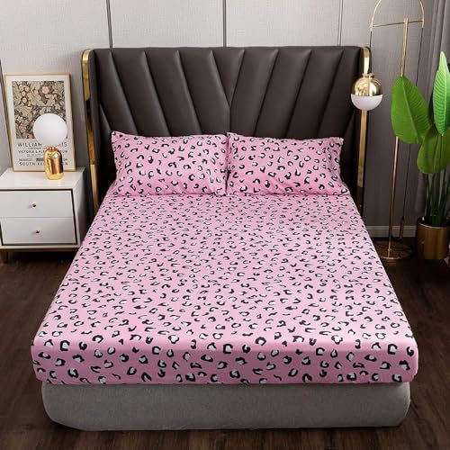 Spannbettlaken 180x200cm Rosa Schwarz Weiß Bettlaken Leoparden Muster Spannbetttuch Boxspringbett 180 x 200 Spannbetttücher Microfaser Jersey Leopard Leo Leintuch für Hohe Matratze bis 25-30 cm