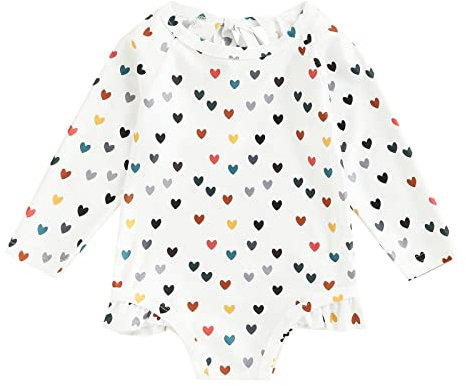 Maillot de Bain Une Pièce Bébé Fille à Manches Longues Anti-UV Combinaison de Natation/Plage/Piscine Swimwear Été à Imprimé Coeurs pour Enfant Fille 1-6 Ans (Blanc, 1-2 Ans)