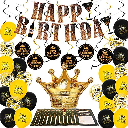 Geburtstag Dekoration Schwarz Gold Set, Geburtstagsdeko mit Happy Birthday Banner luftballon Tischkarten Ballon Buchstaben PomPoms für Papa Mama Männer frau 18 21 30 40 50 60 70 80 90 Bday Party Deko