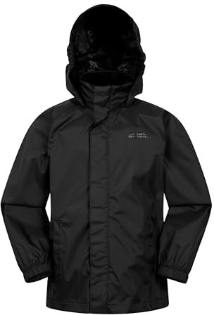 Mountain Warehouse Pakka Kids Waterproof Jacket - Wind Resistant, Lightweight,Breathable Rain Coat for Girls & Boys, Packaway Bag - For Rain, Autumn, Winter Black Kids Size 5-6 Years