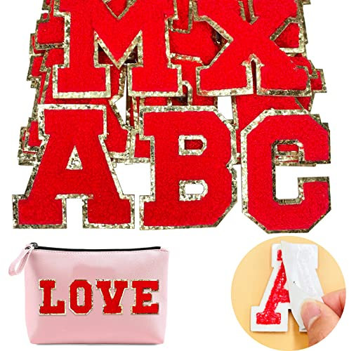 Jongdari Chenille Letter Patches Self Adhesive Letters ,Iron on Letters for Clothing, 26pcs Varsity Fuzzy Patch Letters Glitter Stick on Letters - Red