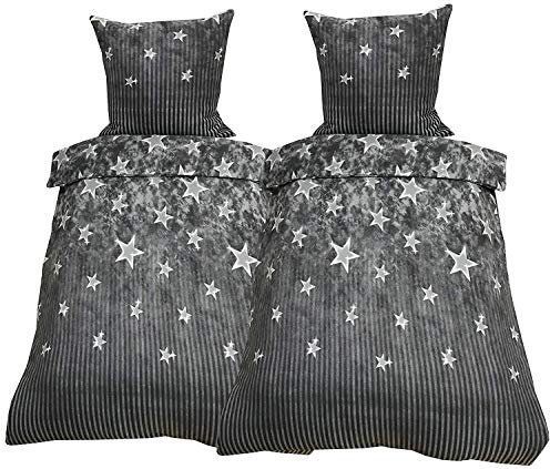 Leonado Vicenti Fleece Bettwäsche 155x220 cm 2 TLG Galaxy Sterne Anthrazit Grau Gestreift Warme Winter Garnitur mit Reißverschluss