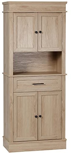 HOMCOM Alacena de Cocina Aparador de Comedor Mueble Auxiliar para Microondas con 4 Puertas 1 Cajón y Estante Abierto para Salón 74x39,5x183 cm Roble