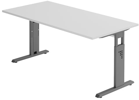 bümö höhenverstellbarer Schreibtisch O-Serie 180x80 cm in grau, Gestell in Graphit - großer PC Tisch für's Büro manuell höhenverstellbar, Computertisch verstellbar