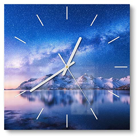 DEQORI Glasuhr | 30x30 cm | Motiv Galaxis über Fjord | ausgefallene leise Design Uhr aus Glas | Wanduhr für Wohnzimmer & Küche | moderne Hingucker Uhr für die Wand