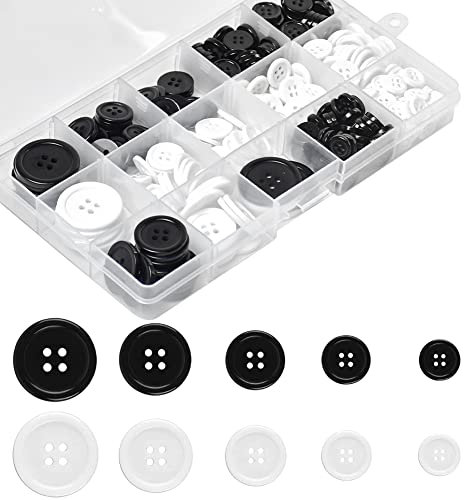 SIYINGSAERY Schwarze Weiße Knöpfe 10/12/15/20/25mm Rund Basis Knopfe Hemdknöpfe Harz 4 Loch Knopf Weiß Schwarz Bastelknöpfe Wäscheknöpfe Set mit Box knopfset für Nadeln Stricken (340)