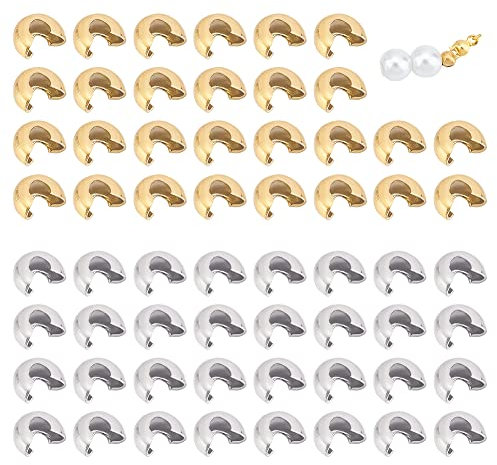 UNICRAFTALE 100pcs 2 Couleurs 5/5.5mm 304 Perles à Sertir en Acier Inoxydable Couvre Perles Noeud Terminateurs Fin Pointe Perles Caps Demi Rond Ouvert Perles à Sertir en Métal pour Bracelet Artisanat