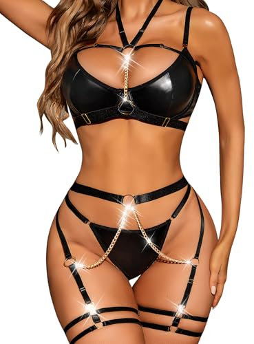 RSLOVE Completo Intimo Donna Sexy Set di Lingerie Reggiseno e Slip con Giarrettiera 6 Pezzi Nero M