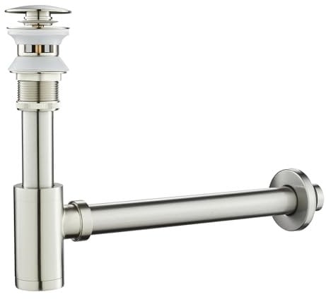 KINKIBOS Design Siphon mit Ablaufgarnitur mit Überlauf für Waschbecken, Universal Siphon für Waschbecken Bad, Messing Syphon Sifon Pop Up Abflussgarnitur Abfluss Waschbecken, Gebürstetes Nickell