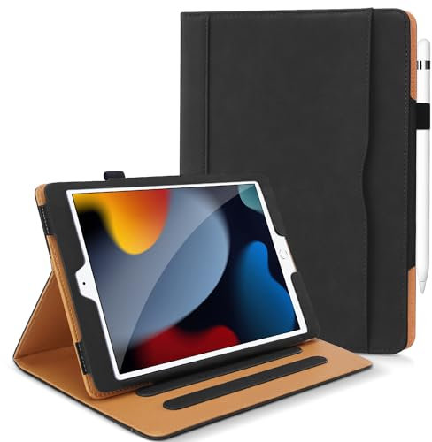 DAORANGE Cover per iPad 9a / 8a/ 7a Generazione 10,2 Pollici 2021/2020/2019, Custodia in Pelle PU con Portapenne, Tasca Documenti, Funzione di Sveglia/Sonno Automatica (Nero)