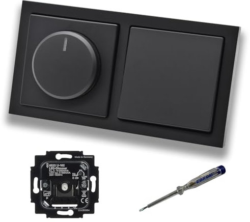 Busch Jäger 6523U-102 LED Drehdimmer Dimmer + Dimmerscheibe 6540-885-102 und Lichttaster 2020 US in Future Linear schwarz matt inklusive EBROM Phasenprüfer zur Montage der Geräte 6523 U – 102