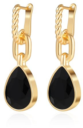 Mesovor Gold Kristall Creolen für Damen, 18 Karat Vergoldet Verdrehte Huggie | Grüne Schwarze Kristall Wasser Tropfen Hängend Ohrringe Schmuck Geschenke (Schwarz)