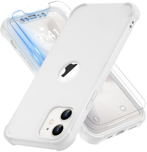ORETECH for iPhone 12 Case, iPhone 12 Pro Case, with [2 x Tempered Glass Screen Protector] Heavy Duty Protection Silm Hard PC Silicone Rubber Bumper Cover - White