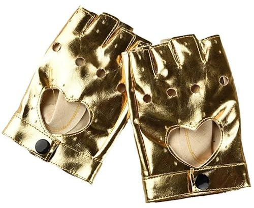 Joayuezo Punk Handschuhe Nieten Halbfinger Handschuhe Fingerlose Rock Handschuhe Damen Mädchen Lederhandschuhe für Halloween Frauen Teenager Cosplay (Heart,Gold)