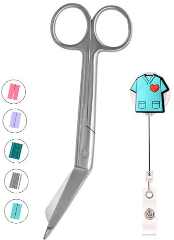 YUME Tijeras Enfermería de Acero Inoxidable con Punta Roma + Llavero Retráctil de Regalo | Tijeras Punta Pico de Pato | Regalos Perfectos para Enfermeras | TCAE accesorios (color plateado)