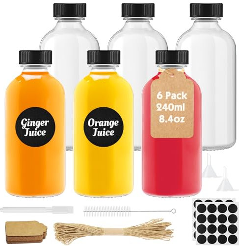 Furuising 6Pcs 240ml Bouteille Verre, Grandes Shot Bouteille en Verre Vide, Réutilisables Miniatures Bouteilles avec Entonnoir, étiquettes et Stylo Pour Ginger Shot, Liqueur, Jus
