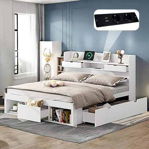 Bett 140x200 Mit USB-Port und Schubladen und Stauschrank,Bett mit Stauraum 140x200 und Lattenrost,Jugendbett,Multifunktionales,Doppelbett für Erwachsene,Großer Stauraum,ohne Matratze,weiß