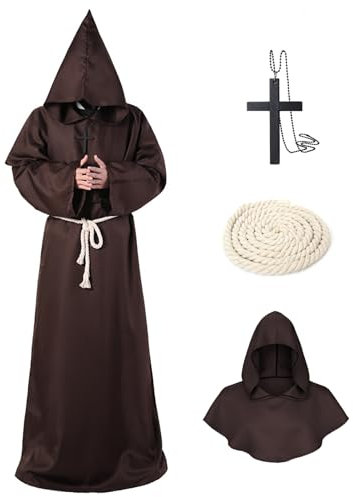 Costume da Monaco Prete, Medievale Mantello Uomo con Cappuccio, Corda in Vita e Collana, Regali per Sacerdote, Cosplay Costumi Carnevale (Marrone XXL)