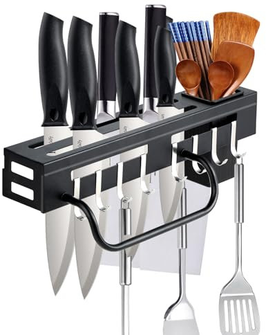 Wenrescry Barra de Cocina para Cuchillos y Utensilios, Soporte de Pared Multifuncional en Acero Inoxidable, Antioxidante con Porta Palillos Desmontable, Instalación sin Taladro