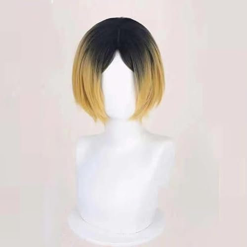 WCCNKK Wig Anime Cosplay Perücke for Haikyuu Kozume Kenma Cosplay Perücke Blondes Kurzes Haar Mit Schwarzem Farbverlauf Perücke, Mit Perückenkappe, Anime-Geschenk, Perfekt Für Halloween-Partys