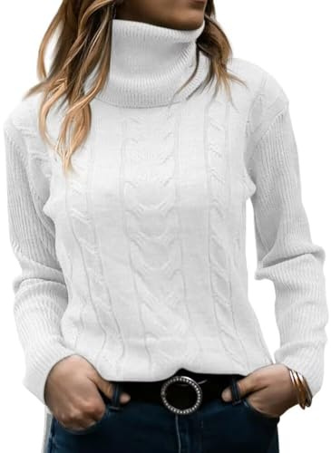 JOCAFIYE Pullover Damen Rollkragen Cable Knit Elegant Langarm Tops Lose Casual Weich 2026 Herbst Outfits Jumper Sweater White M