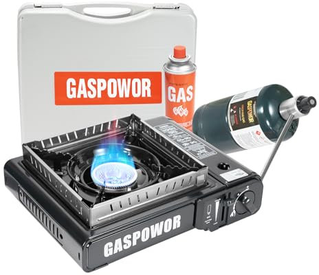 Réchaud de camping à double combustible avec coupe-vent, réchaud au butane propane 10 000 BTU, allumage automatique, brûleur de propane portable avec adaptateur de propane et étui de transport pour