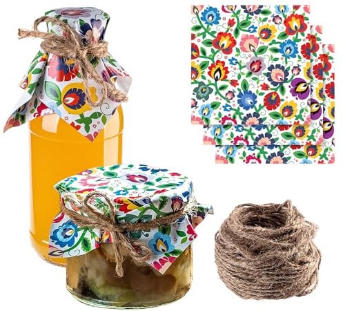 KADAX Schmuckdeckchen für Einmachgläser, dekorative Deckchen mit Jutekordel für Marmeladengläser, Marmeladendeckchen aus Papier (Blumen, 50 Stück)