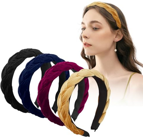 4 Pièces Bandeau Tressé en Velours pour Femme, Serre-TêTe Tressé éPais Rembourré, Serre TêTes Elégant Vintage pour Fille Bandeaux de Cheveux Tressé Épais Rembourré pour Femmes et Filles