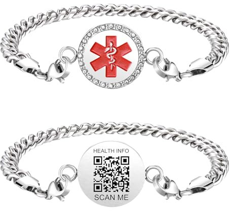 Theluckytag Verbessertes medizinisches Armband für Männer und Frauen mit QR-Code, medizinische Notfall-ID-Armbänder – Titan-Stahl-Armband passt Handgelenken von 20,3 - 25,4 cm – mehr Platz