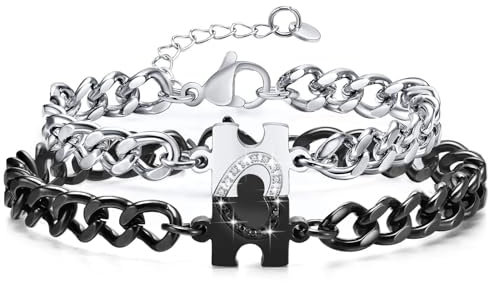 Votvlog Couple's Jigsaw Armband, Yin und Yang Jigsaw Couple's Armband, Silber und schwarzes verstellbares Armband, Couple's Geschenk für Sie und Ihn