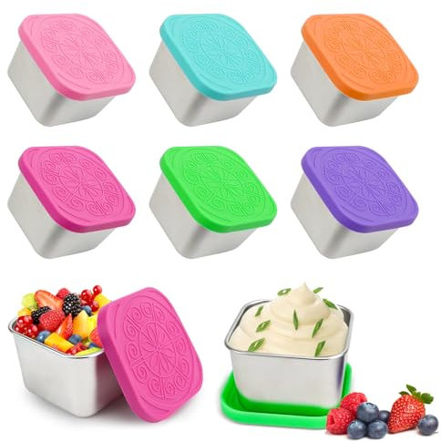 6Pcs Stainless Steel Small Food Containers, 180ml Stackable Snacks Pots with Leakproof Silicone Lids, Reusable Food Storage Containers Snack boxes for Snack Salad Dressing Lunch,Home Office(6 colours)
