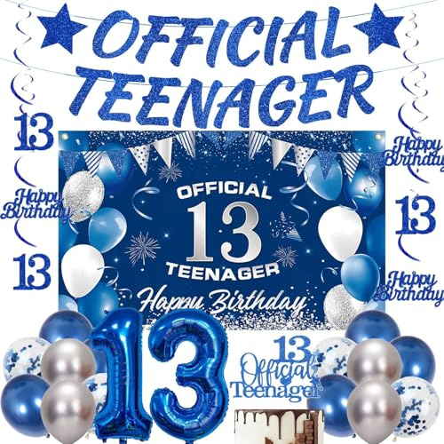 13. Geburtstag Dekorationen Blau Banner - 20 Stück Offizielles Teenager Banner Happy Birthday Hintergrund Nummer 13 Folienballon hängende Wirbel Silber Latex Ballons für Jungen Party Supplies