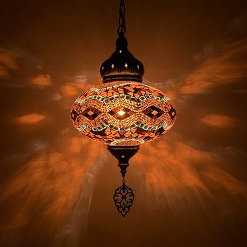 BOTOWI Türkische marokkanische Mosaik hängende Pendelleuchte Deckenleuchte 10 Kugeldurchmesser handgefertigte Glaslampenschirme, Vintage Tiffany Stil, mediterranes böhmisches Dekor ideal,Gold