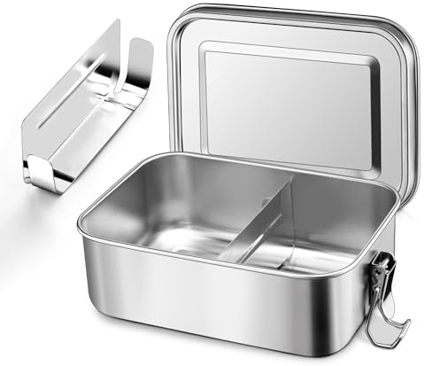 Herogo Stainless Steel Metal Lunch Box 1400ML with 2 Compartments | Bento Boxor for Adults and Kids, Bento Box with Removable Dividers, Leak-Proof with Sturdy Lock Clips, Dishwasher Safe