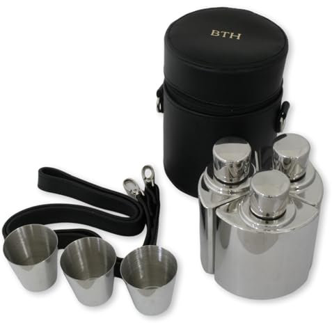 Set of 3 Hip Flask in Case, 3X 350ml Stainless Steel Flasks, Black Carry Case with Shot Cups - Free Embossing