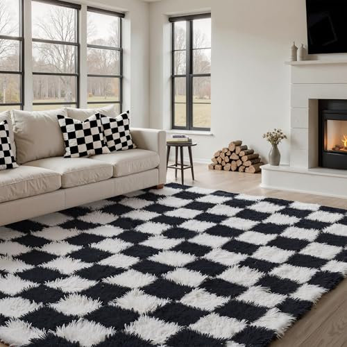 HUGEAR Teppich Kariert Hochflor Teppich Wohnzimmer 160X230cm Teppiche schwarz weiß Schlafzimmer Rutschfester Kinderteppich Flauschig Weicher und GemüTlicher Carpet Living Room Kinder Mädchen Jungs