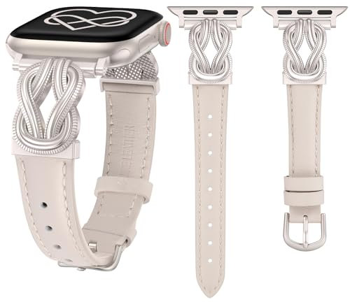 Wearlizer Leather Strap Compatible with Apple Watch Straps 40/38/41/42mm Women, Elegant Slim Dressy Strap with Celtic Knot Buckle for iWatch Series 11 10 9 8 SE 7 6 5 SE 4 3 2 1 Starlight