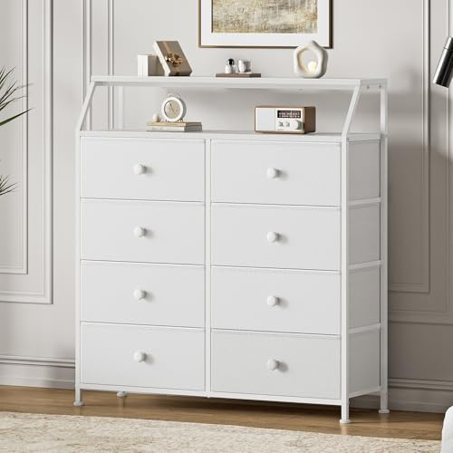 Mossora Kommode mit 8 Schubladen, Weiße Kommode für Schlafzimmer, mit Regal und 2 Holzplatten, große Aufbewahrungseinheit für Schrank, Wohnzimmer, Eingangsbereich