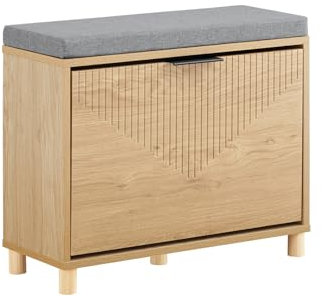 SoBuy Schuhbank mit Sitzfläche Schuhregal schmal mit Stauraum – Klappfach Schuhschrank – Sitzbank mit Polster für Flur, Schlafzimmer – 60x24x50cm, bis 118kg, Sonoma Eiche + Grau, FSR199-N