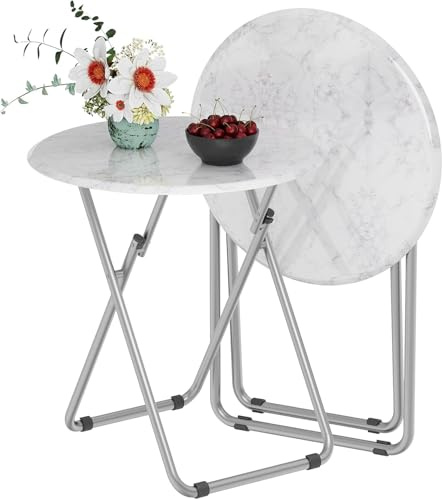 Round Folding Table 2 Set, Side Folding Coffee Table, TV Snack Tray Tables, Sofa Laptop Desk, Outdoor Camping Tables, EndTable, SofaTable, SideTable for Small Space, 45 x 45 x 65 CM (White)