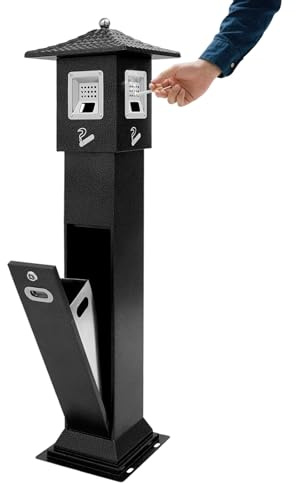Aschenbecher Säule draußen 26,5 x 119cm (ØxH) Standaschenbecher aus Metall mit Dach und 4 Einwurföffnungen für Zigarettenentsorgung auf der Terrasse, im Café, Restaurant oder Raucherzone Schwarz