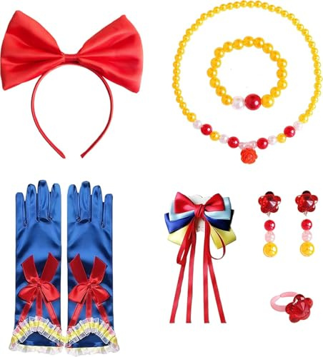 Prinzessin Kostüm Mädchen Accessories, 7 Stück Schmuckset mit Haarreif Handschuhe Halskette, Rot Blau Gelb Verkleidung für Karneval Halloween, Karneval Kostüm Mädchen, Für Schneewittchen Kostüm Kinder