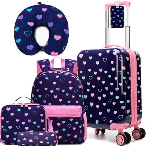 HTgroce 5tlg Kinderkoffer mit Rucksack,Nackenkissen, Lunchtasche,Federtasche & Kofferanhänger, Mädchen Kinder Mini Koffer Trolley Hartschalenkoffer Kids Suitcase