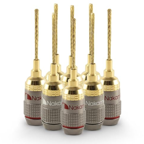 Nakamichi FanLock Excel Series 24k Gold Plated 2mm Flex Pin Banana Plugs 10 AWG - 18 AWG Gauge Size for Spring Clip Terminal Speakers Amplifier Hi-Fi Wire Cable Quick Connector, 8 Pcs (4-Pairs)
