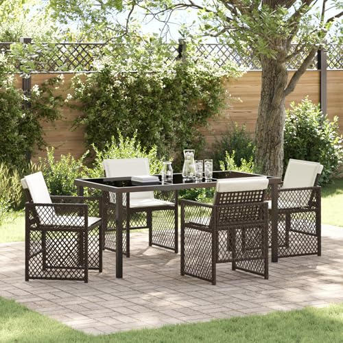 EDNRSOG 5-teiliges Garten Essset mit Kissen in Braun und Schwarz, 4 Sitzplätze, Outdoor Tischgruppe aus Poly Rattan und Stahlrahmen, Wetterfest und Bequem für Terrasse